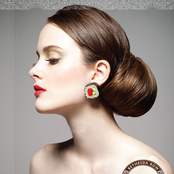 Woman wearing a sushi earring. Concept by Gold Dog Communications for Bethesda Row.