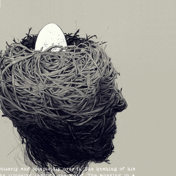 Original artwork of a birds nest shaped like a face for Guild Loft. Creative direction by Gold Dog Communications